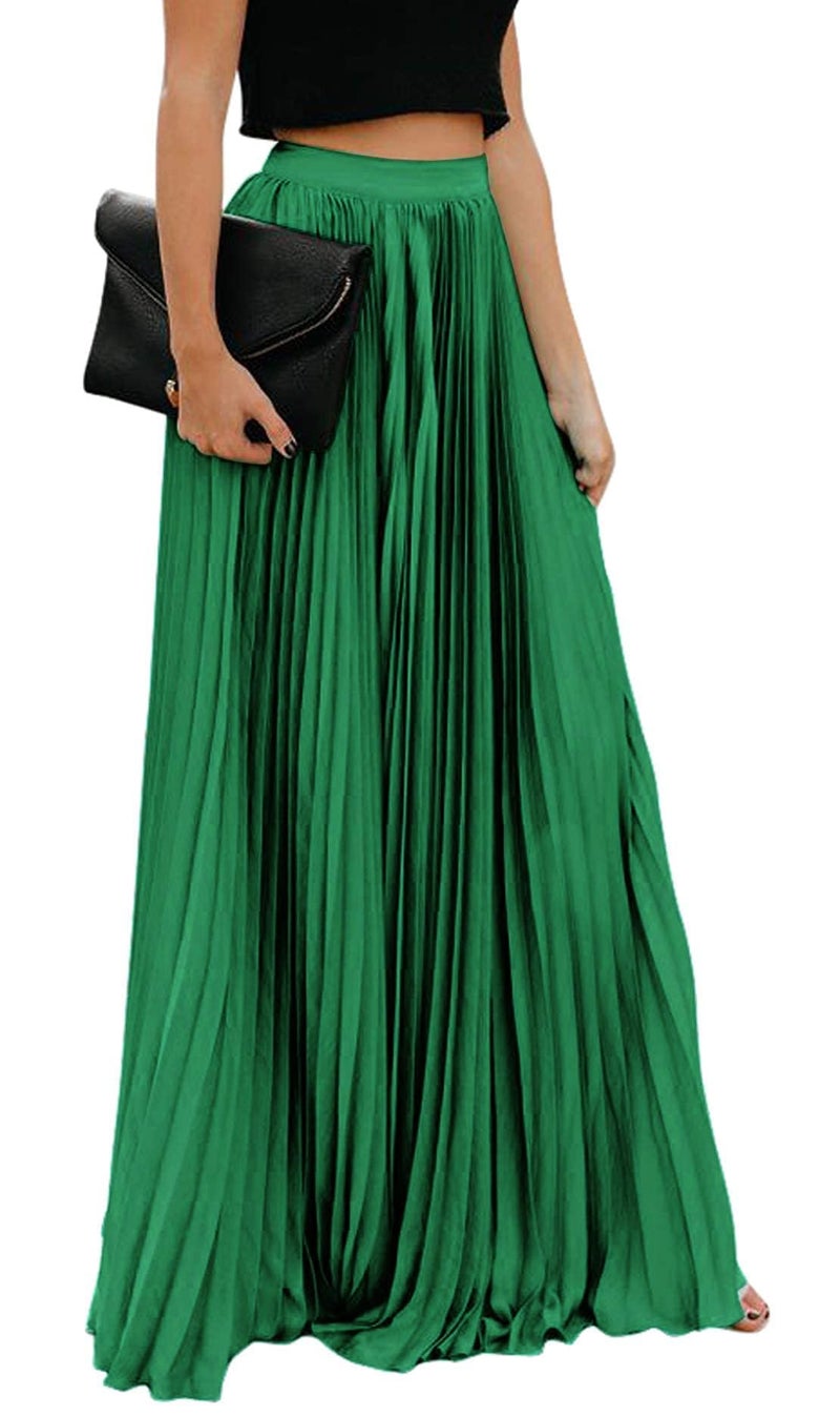 ebossy Women's High Waist Flowy Pleated Chiffon Maxi Skirt (Large, Green) - Image 1